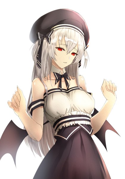 Anime-Bild 700x1000 mit limeblock single long hair tall image looking at viewer fringe breasts simple background hair between eyes red eyes standing white background bare shoulders silver hair parted lips fingernails black wings low wings girl dress