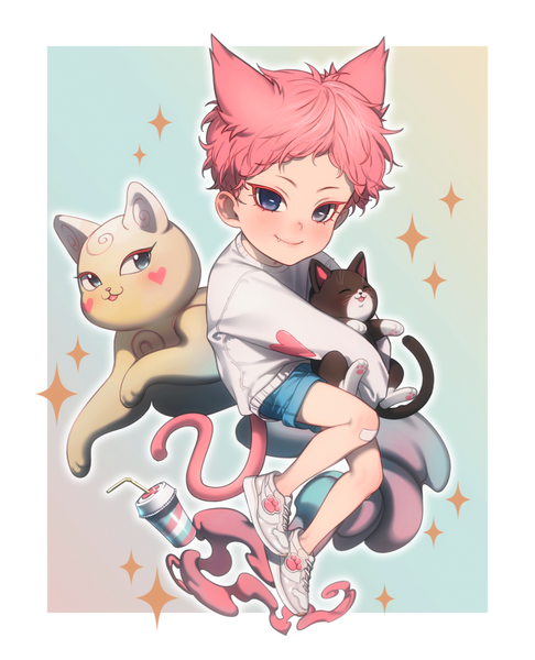 Anime picture 1380x1704 with original e7 (runaway162) single tall image looking at viewer blush short hair blue eyes simple background smile holding animal ears pink hair full body bent knee (knees) tail animal tail cat ears sparkle cat tail