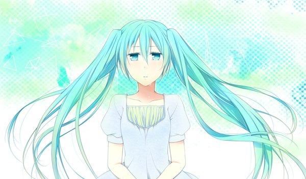 Anime picture 2025x1185 with vocaloid hatsune miku single looking at viewer highres wide image twintails very long hair aqua eyes aqua hair tears crying girl sundress