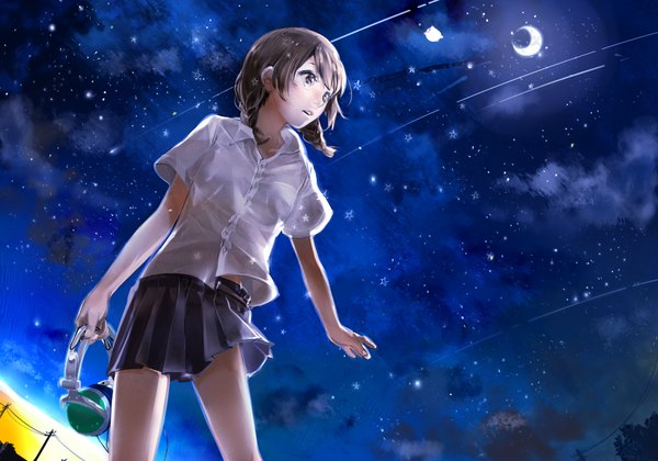 Anime picture 1000x700 with vocaloid akiru (panpaka no hoshi) single long hair open mouth brown hair standing holding brown eyes sky cloud (clouds) braid (braids) pleated skirt night night sky open collar crescent shooting star girl skirt