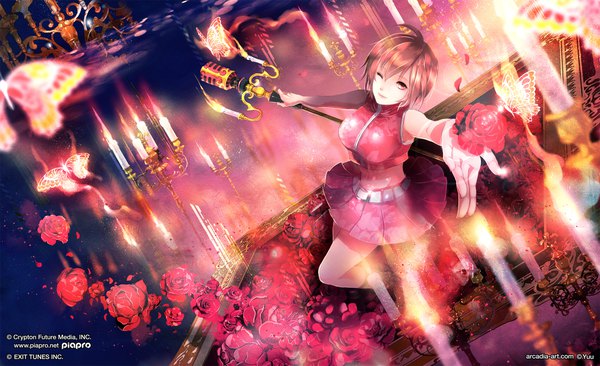 Anime picture 2422x1478 with vocaloid meiko yuu (arcadia) single looking at viewer fringe highres short hair breasts smile hair between eyes brown hair wide image large breasts holding brown eyes signed ahoge bent knee (knees) nail polish