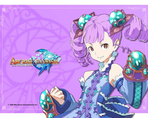 Anime picture 1280x1024 with arc rise fantasia single looking at viewer simple background smile twintails bare shoulders brown eyes purple hair inscription drill hair girl dress hair ornament detached sleeves hair tie hair bobbles