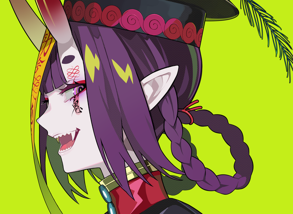 Anime picture 1500x1097 with fate (series) fate/grand order shuten douji (fate) lam (ramdayo) single long hair fringe open mouth simple background purple eyes purple hair blunt bangs braid (braids) :d profile horn (horns) pointy ears teeth fang (fangs) eyebrows