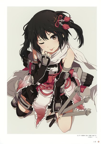 Anime picture 2465x3500 with kantai collection milky been! (ogipote) - kancolle "heroine" eshuu sendai light cruiser ogipote single tall image looking at viewer highres short hair black hair sitting brown eyes signed one eye closed from above wink scan grey background two side up border