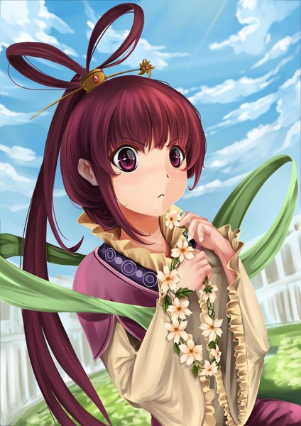 Anime-Bild 1358x1920 mit magi the labyrinth of magic a-1 pictures ren kougyoku rhineheim single long hair tall image looking at viewer purple eyes sky purple hair cloud (clouds) girl dress hair ornament flower (flowers)