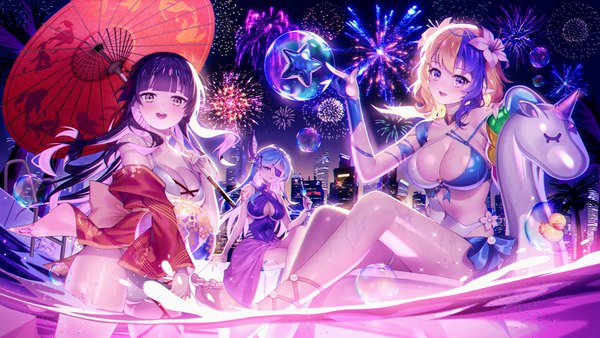 Anime picture 4800x2700 with akashic chronicle lesley (akashic chronicle) kagura (akashic chronicle) lunox (akashic chronicle) lemonpear long hair looking at viewer blush fringe highres short hair breasts open mouth light erotic black hair blonde hair smile wide image large breasts standing