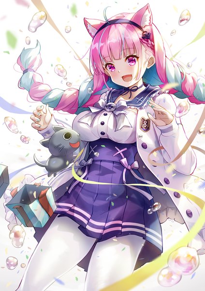 Anime picture 724x1024 with virtual youtuber hololive minato aqua minato aqua (sailor) neko (minato aqua) omgamilla single long hair tall image open mouth animal ears pink hair ahoge braid (braids) nail polish :d pleated skirt pink eyes multicolored hair cat ears
