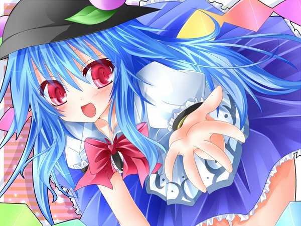 Anime picture 1120x840 with touhou hinanawi tenshi nemokochi (artist) long hair blush open mouth red eyes blue hair outstretched arm girl dress bow hair bow hat
