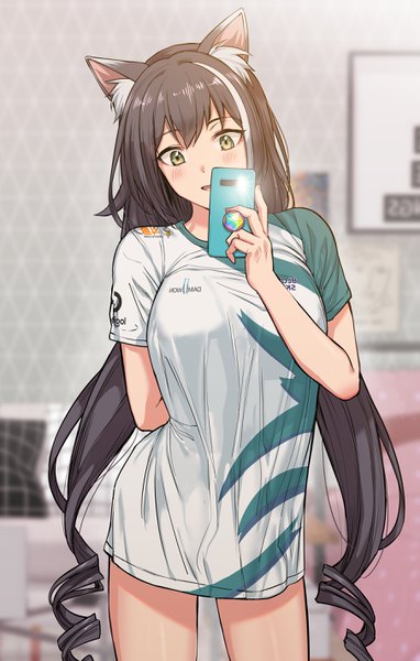 Anime picture 1812x2839 with princess connect! re:dive princess connect! karyl (princess connect!) noah (pixiv) single long hair tall image looking at viewer blush fringe highres breasts open mouth black hair standing twintails holding green eyes animal ears indoors