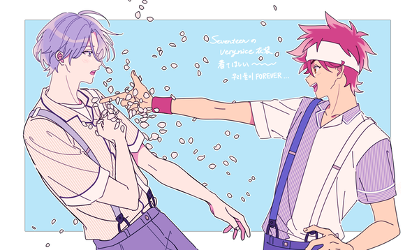 Anime picture 900x537 with sk8 the infinity studio bones hasegawa langa kyan reki mitsumi (t0ee0yb) short hair open mouth wide image purple hair red hair profile multiple boys hand on hip text border blue background outside border finger gun boy petals