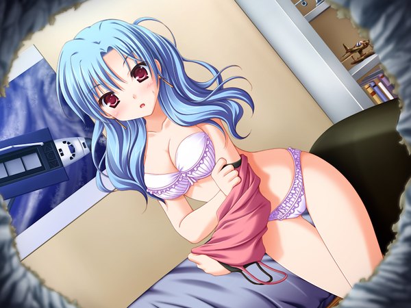 Anime picture 1200x900 with light erotic red eyes blue hair game cg peep girl underwear panties jewelry