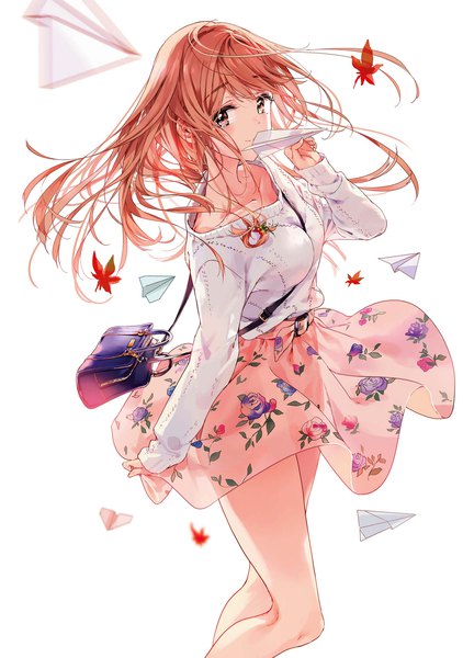 Anime picture 1352x1920 with masamune-kun no revenge silver link fujinomiya neko tiv single long hair tall image looking at viewer blush fringe breasts simple background smile brown hair standing white background brown eyes long sleeves wind blurry