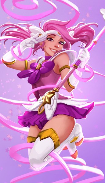 Anime picture 800x1393 with league of legends lux (league of legends) star guardian lux carlos eduardo single long hair tall image looking at viewer light erotic simple background smile purple eyes pink hair jumping salute girl gloves white gloves suit
