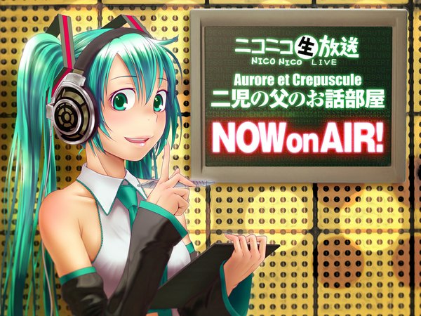 Anime picture 1024x768 with vocaloid hatsune miku wokada long hair smile twintails green eyes aqua hair girl detached sleeves necktie headphones