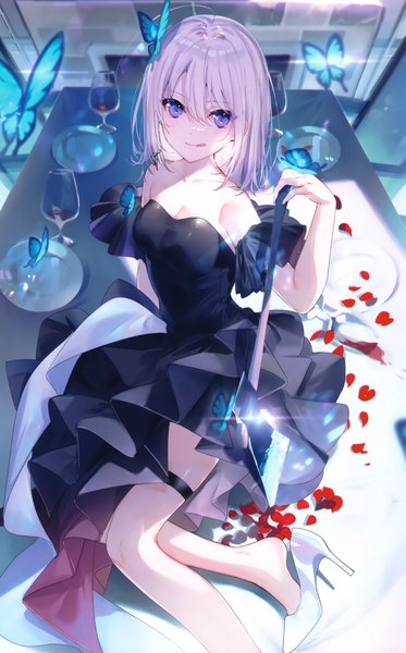 Anime picture 2183x3510 with original miwano rag single tall image looking at viewer blush fringe highres short hair breasts smile hair between eyes sitting purple eyes holding signed silver hair bent knee (knees) indoors from above