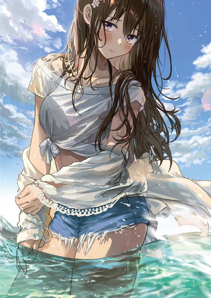Anime picture 2150x3036 with original melonbooks saya (mychristian2) single long hair tall image looking at viewer blush fringe highres breasts brown hair purple eyes sky cloud (clouds) outdoors head tilt scan off shoulder sparkle