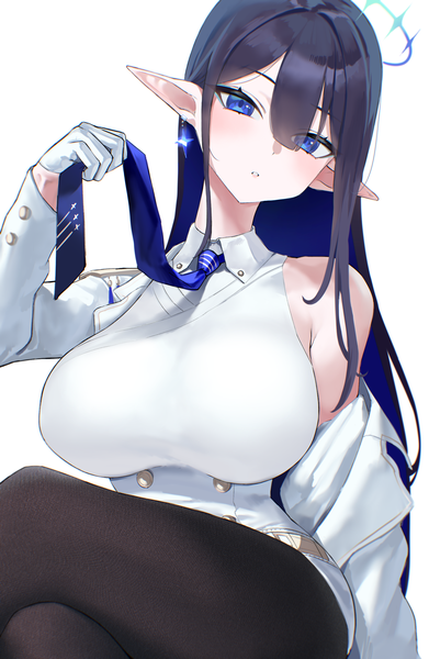 Anime picture 1856x2845 with blue archive rin (blue archive) kazane-wind single long hair tall image looking at viewer blush fringe highres breasts blue eyes light erotic black hair simple background hair between eyes large breasts white background sitting parted lips