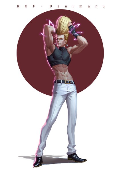 Anime picture 1300x1839 with the king of fighters snk benimaru nikaido c home single tall image looking at viewer short hair blue eyes blonde hair standing white background full body midriff adjusting hair muscle abs electricity boy earrings