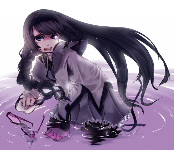 Anime picture 1450x1250 with mahou shoujo madoka magica shaft (studio) akemi homura yukka 91 single long hair black hair purple eyes tears single braid crying girl ribbon (ribbons) water glasses hairband