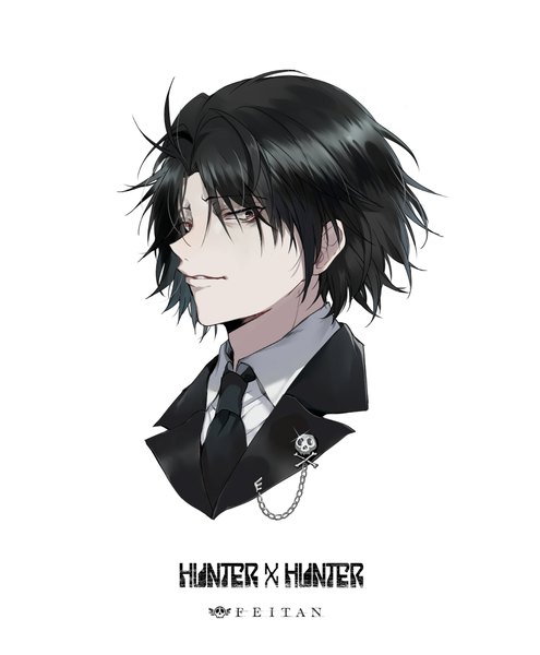 Anime picture 974x1181 with hunter x hunter feitan ekita xuan single tall image looking at viewer fringe short hair black hair simple background white background upper body parted lips sparkle grey eyes copyright name character names portrait formal boy