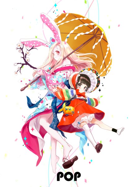 Anime picture 2220x3106 with original siloteddy long hair tall image highres short hair black hair red eyes white background multiple girls animal ears pink hair black eyes bunny ears girl thighhighs dress flower (flowers) 2 girls petals