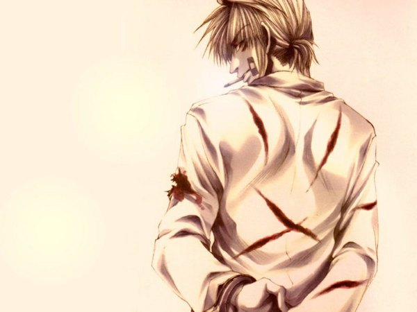 Anime picture 1024x768 with saiyuki genjou sanzou simple background blonde hair white background looking back back scar injury bandaid on face cuts boy white shirt blood bandaid cigarette handcuffs