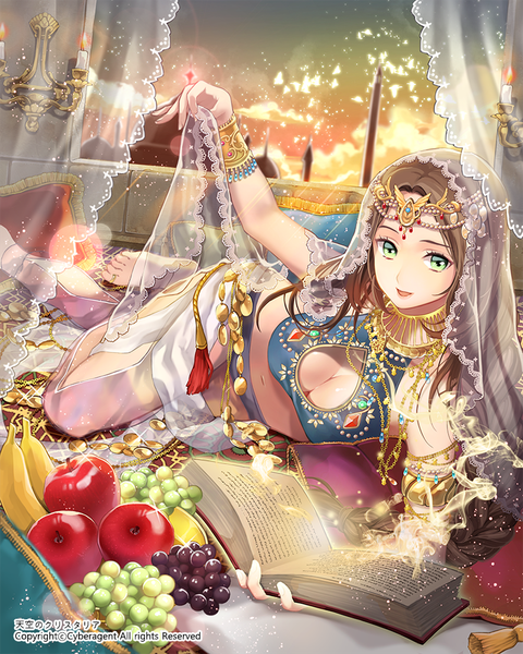 Anime picture 800x1000 with original ice (ice aptx) single long hair tall image looking at viewer open mouth light erotic brown hair green eyes cleavage girl food book (books) jewelry fruit berry (berries) apple grapes