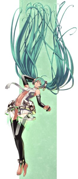 Anime picture 1155x2640 with vocaloid vocaloid append hatsune miku hatsune miku (append) shihou (g-o-s) single tall image light erotic twintails very long hair barefoot aqua eyes aqua hair no panties girl navel detached sleeves