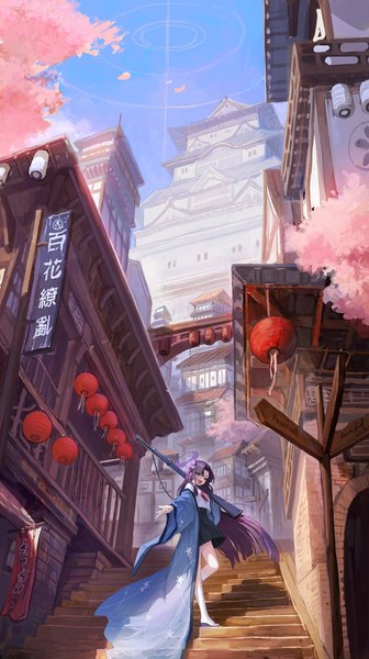Anime picture 4478x8000 with blue archive yukari (blue archive) cho gum single tall image looking at viewer highres open mouth absurdres purple hair full body outdoors very long hair traditional clothes :d japanese clothes cherry blossoms city architecture east asian architecture