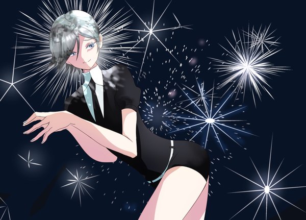 Anime picture 2780x1999 with houseki no kuni goshenite (houseki no kuni) kayanogura single highres short hair smile looking away silver hair puffy sleeves shaded face arched back silver eyes hands clasped androgynous necktie
