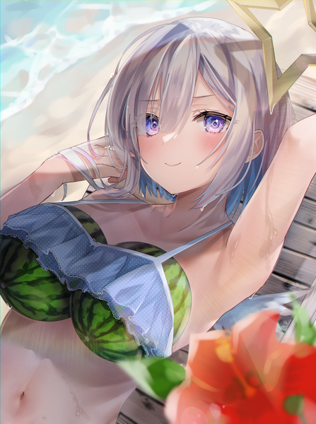 Anime picture 2894x3885 with virtual youtuber hololive amane kanata fuyoyo single tall image looking at viewer blush fringe highres short hair light erotic smile hair between eyes purple eyes silver hair beach humor girl swimsuit
