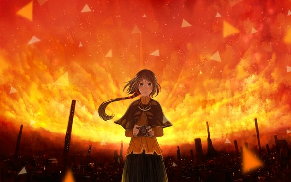 Anime picture 1152x720 with original bounin single long hair blush smile brown hair wide image sky cloud (clouds) evening sunset cityscape scenic city lights girl ribbon (ribbons) hair ribbon camera