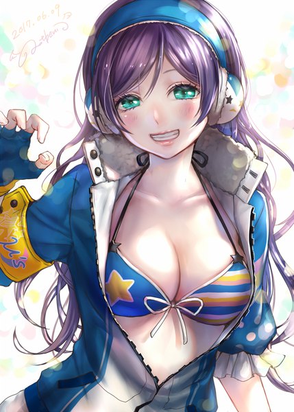Anime picture 800x1118 with love live! school idol project sunrise (studio) love live! toujou nozomi ao+beni single long hair tall image looking at viewer blush breasts light erotic smile large breasts green eyes cleavage purple hair upper body open clothes teeth