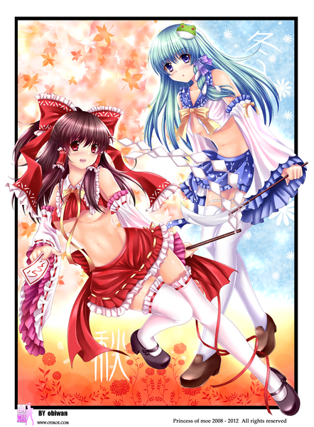 Anime picture 1200x1629 with touhou hakurei reimu kochiya sanae obiwan long hair tall image blush breasts open mouth light erotic black hair red eyes purple eyes multiple girls aqua hair midriff miko girl thighhighs skirt