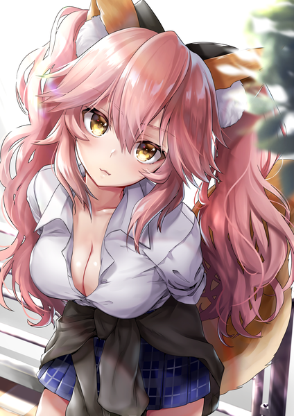 Anime picture 2480x3508 with fate (series) fate/extra tamamo (fate) (all) tamamo no mae (fate) hane yuki single long hair tall image looking at viewer blush fringe highres breasts light erotic hair between eyes twintails animal ears yellow eyes pink hair cleavage