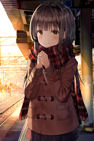 Anime picture 2345x3500 with original ruda (ruda e) single long hair tall image looking at viewer blush fringe highres smile brown hair standing brown eyes payot outdoors blunt bangs long sleeves pleated skirt sunlight arms up