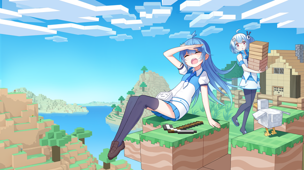Anime picture 1920x1080 with minecraft bilibili douga bili girl 33 bili girl 22 siji (szh5522) long hair looking at viewer fringe highres short hair open mouth hair between eyes wide image sitting multiple girls holding blue hair cloud (clouds) full body ahoge
