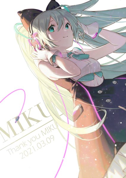 Anime-Bild 800x1131 mit vocaloid magical mirai (vocaloid) hatsune miku magical mirai miku magical mirai miku (2016) ouu min single long hair tall image looking at viewer fringe smile hair between eyes white background twintails aqua eyes aqua hair character names dated 39