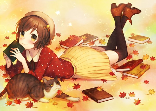 Anime picture 1000x714 with original megumu single looking at viewer blush short hair smile brown hair yellow eyes girl thighhighs skirt black thighhighs animal shoes book (books) leaf (leaves) cat beret autumn leaves