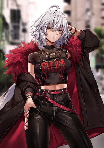 Anime picture 1000x1414 with fate (series) fate/grand order jeanne d'arc (fate) (all) jeanne d'arc alter (fate) rainmaker single long hair tall image looking at viewer fringe breasts hair between eyes standing yellow eyes silver hair ahoge outdoors parted lips arm up blurry