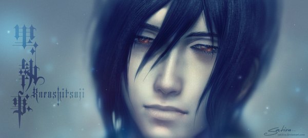 Anime picture 2966x1330 with kuroshitsuji a-1 pictures sebastian michaelis satiiiva single highres short hair black hair simple background red eyes wide image signed inscription hieroglyph close-up face boy