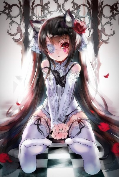 Anime picture 661x982 with original unkq single tall image looking at viewer blush fringe black hair red eyes sitting twintails animal ears very long hair head tilt hair flower cat ears arm support no shoes facial mark strap slip