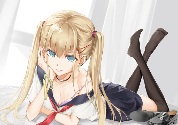 Anime picture 2560x1810 with original bitterpain single long hair looking at viewer fringe highres breasts light erotic blonde hair twintails payot cleavage full body bent knee (knees) indoors lying nail polish parted lips pleated skirt