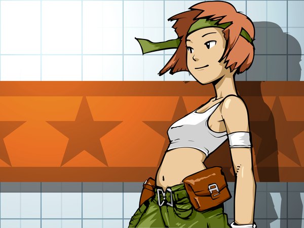 Anime picture 1600x1200 with advance wars sami (advance wars) single short hair smile brown hair looking away wind girl hairband star (symbol) tank top