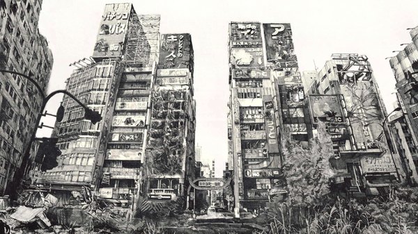 Anime picture 1920x1080 with tokyo magnitude 8.0 kinema citrus highres wide image city monochrome cityscape ruins post-apocalyptic screenshot building (buildings)