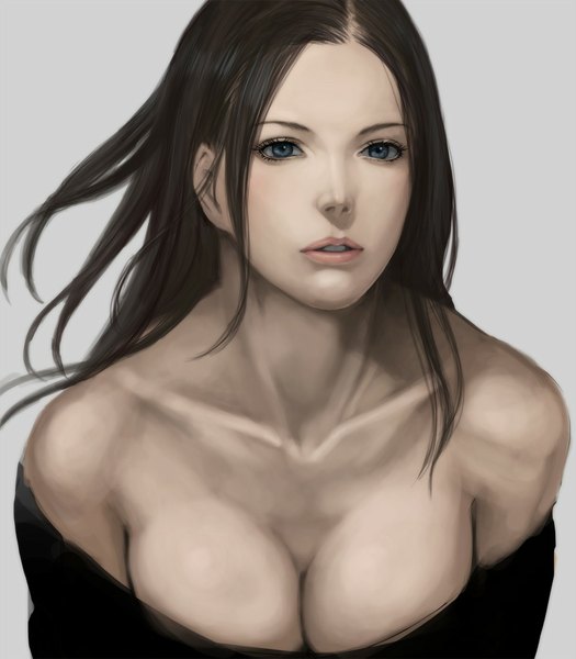 Anime picture 980x1120 with original damegane hitori doumei (artist) single long hair tall image blush fringe breasts blue eyes light erotic black hair simple background large breasts bare shoulders looking away parted lips wind lips realistic