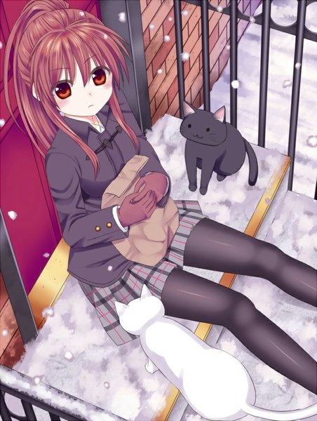 Anime picture 665x882 with little busters! key (studio) natsume rin tsukino neru single long hair tall image looking at viewer blush fringe hair between eyes brown hair sitting holding brown eyes ponytail pleated skirt from above plaid skirt snowing