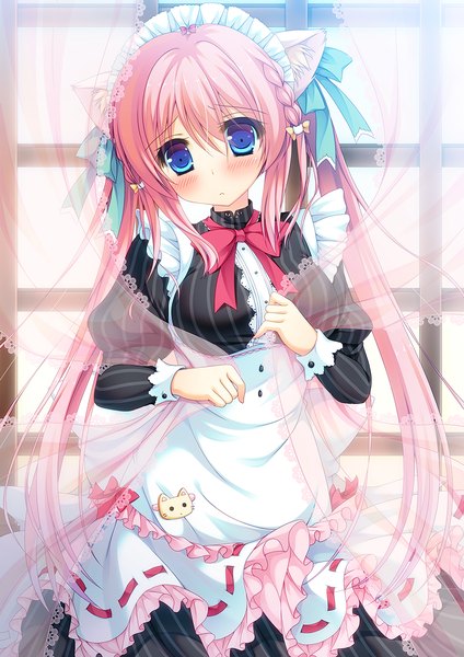 Anime picture 992x1403 with original furukawa lemon single long hair tall image looking at viewer blush fringe breasts blue eyes standing animal ears pink hair indoors head tilt cat ears maid embarrassed puffy sleeves kemonomimi mode