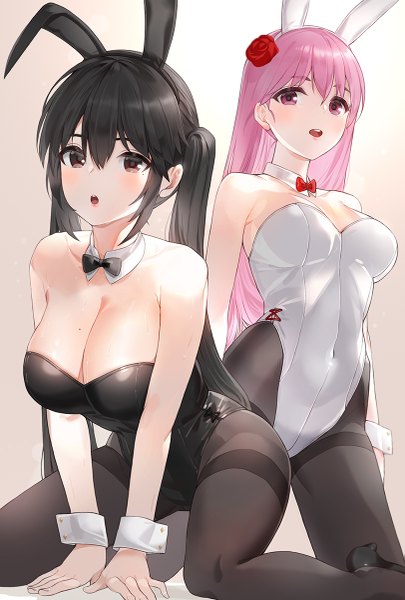 Anime picture 811x1200 with original kfr long hair tall image looking at viewer blush fringe breasts open mouth light erotic black hair simple background hair between eyes large breasts twintails bare shoulders multiple girls brown eyes animal ears payot