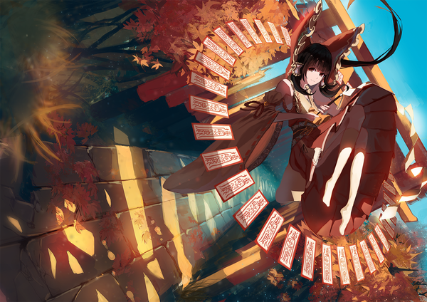 Anime picture 1600x1131 with touhou hakurei reimu hkj0230 (cc) single long hair black hair brown eyes traditional clothes legs miko girl dress bow hair bow detached sleeves leaf (leaves) torii ofuda